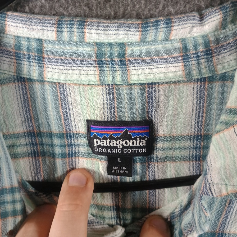 Patagonia Long Sleeved Flannel Men L Plaid Organic Cotton Greens And Blues - Picture 5 of 11